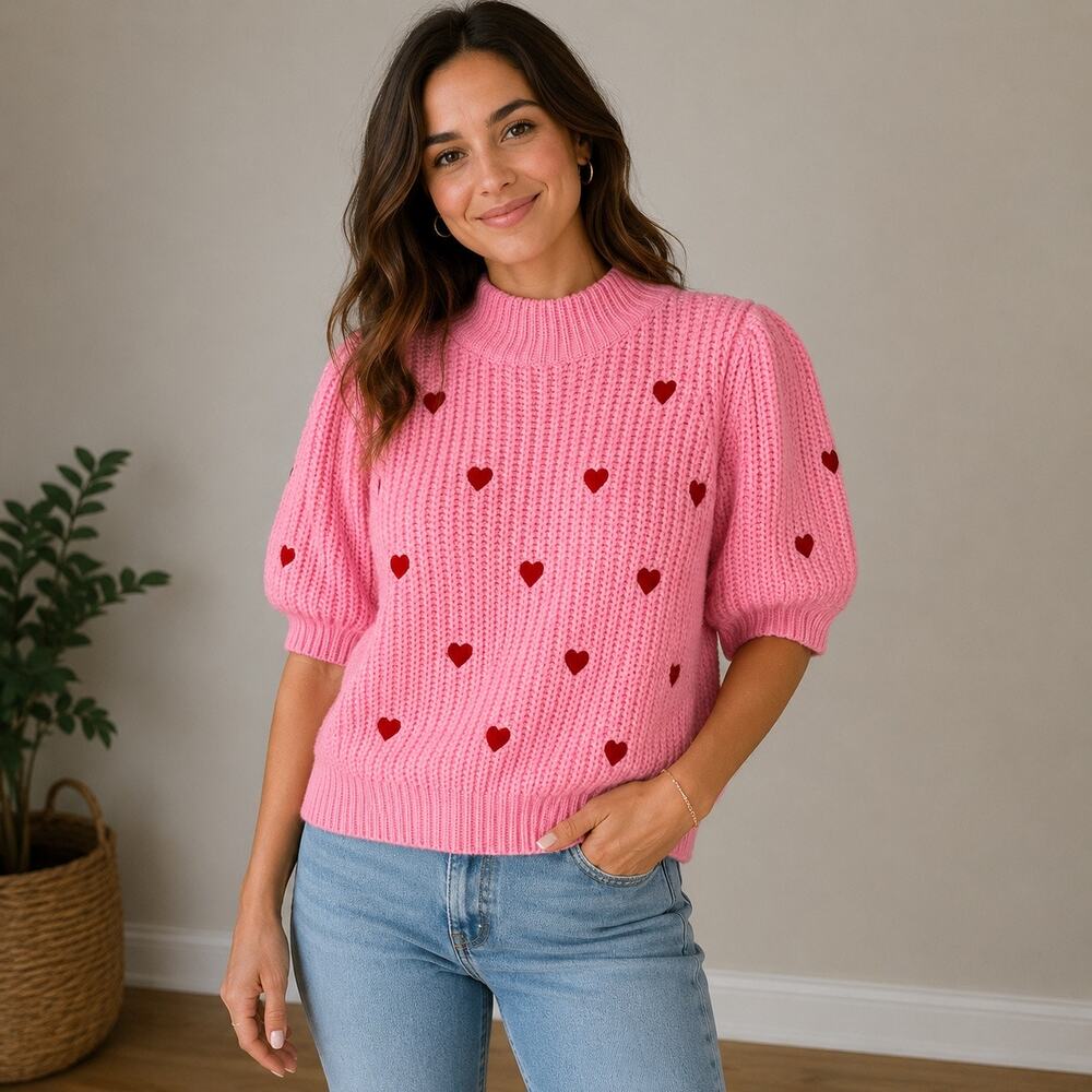 English Factory Women’s M Pink Red Heart Puff Sleeve Sweater Chunky Knit